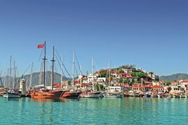 Europe Holidays - Turkey Holidays, Mamaris - view  of moored sailboat and old town