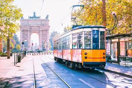 Europe Holidays - Italy - Milano - Famous vintage tram and Arch of Peace